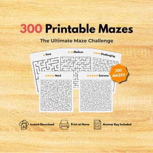 May include: A collection of printable mazes with varying difficulty levels, from easy to extreme. The title "300 Printable Mazes" is displayed in large, bold text. The image includes icons for instant download, print at home, and answer key included.