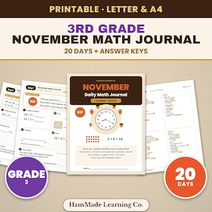 3rd Grade November Math Journal, Daily Spiral Review Morning Work, Undated, 20 Days, Answer Keys, Homeschool Classroom Printable, Letter A4