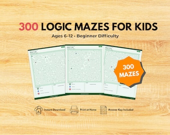 300 laberintos de lógica imprimibles para niños / Laberintos de aventuras imprimibles / Libro de laberintos para principiantes / Juegos mentales / Material imprimible para la educación en casa / Descarga instantánea