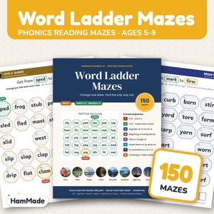 May include: A collection of Word Ladder Mazes phonics reading activity sheets for ages 5-9. The central dark blue cover features the title Word Ladder Mazes, 150 mazes, and a sample grid. Two flanking white pages display octagonal word grids.