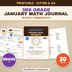 Può includere: Un diario di matematica stampabile per la terza elementare di gennaio con 20 giorni di esercizi e chiavi di risposta. Le pagine includono problemi, un orologio, moltiplicazioni e compiti di geometria con il testo 3rd Grade January Math Journal.