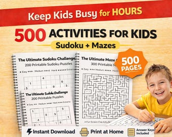 子供向けパズル500個セット、印刷可能な迷路と数独パズルブック、子供向けアクティビティブック（PDF）、子供向け脳トレゲーム、ホームスクールワークシート