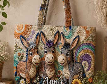 Custom Donkey Quilted Tote Bag, Personalized Farm Animal Handbag, Cute Floral Mule Tote Gift for Donkey Lover Women