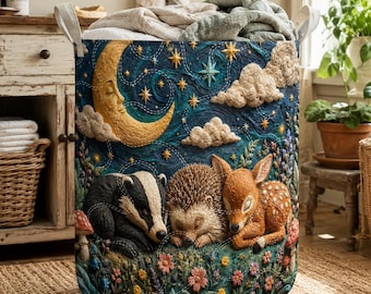 Woodland Animals Quilted Laundry Basket, Sleeping Fox Hedgehog Hamper, Cottagecore Forest Laundry Bin, Personalized Fabric Storage Basket