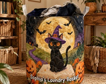 Halloween Black Cat Quilted Laundry Basket, Witch Hat Cat Hamper, Spooky Moon Laundry Bin, Personalized Fabric Storage Basket