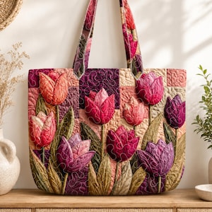 Kleurrijke tulp gepersonaliseerde gewatteerde draagtas, bloementuin draagtas, lentebloemen schoudertas, botanisch patchwork cadeau voor haar