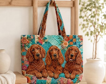 Irish Red Setter Quilted Tote Bag, Floral Dog Handbag, Cute Red Setter Tote Gift for Dog Lover Women, Irish Setter Mom Gift