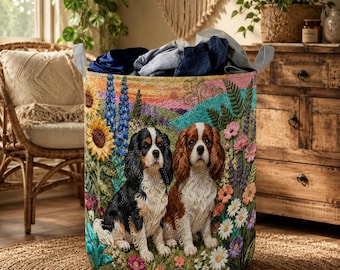 Cavalier Dog Quilted Laundry Basket, Floral Charles Spaniel Dog Hamper, Cottagecore Dog Laundry Bin, Pet Lover Fabric Storage Basket