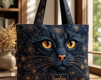 Custom Black Cat Quilted Tote Bag, Personalized Black Cat Handbag, Black Cat Women Totes, Totes Bag for Cat Lover, Gift For Cat Lover
