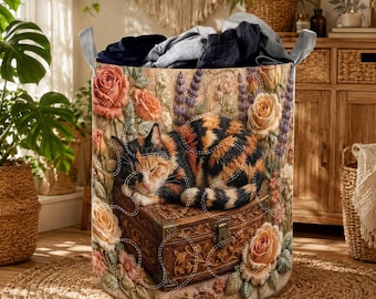 Cat Lover Quilted Laundry Basket, Cat Floral Hamper, Cottagecore Cat Floral Laundry Bin, Cat Lover Floral Storage Basket