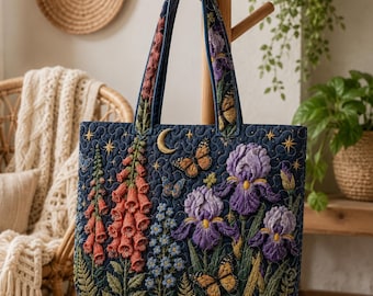 Custom Floral Quilted Tote Bag, Personalized Midnight Garden Handbag, Iris Foxglove Butterfly Tote Gift for Women