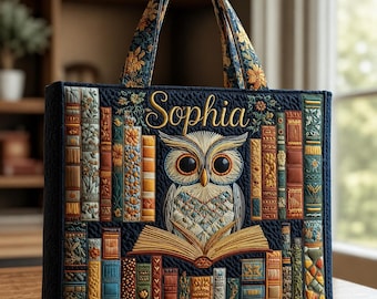Custom Owl Book Quilted Tote Bag, Personalized Owl Book Lover Handbag, Cute Reading Tote Gift for Women Readers