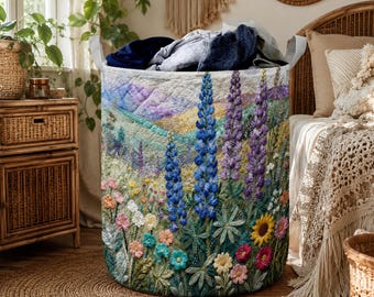 Wildflower Mountain Quilted Laundry Basket, Lupine Floral Hamper, Cottagecore Nature Laundry Bin, Garden Fabric Storage Basket