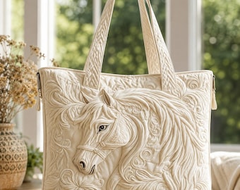 Custom Elegant White Horse Quilted Tote Bag, Personalized Horse Handbag, White Horse Tote Gift for Horse Lover Women, Horse Lover Gift