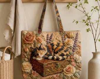 Custom Calico Cat Quilted Tote Bag, Personalized Floral Cat Handbag, Cute Sleeping Kitty Tote Gift for Cat Lover Women