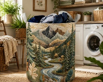 Mountain Forest Quilted Laundry Basket, Scenic River Landscape Hamper, Cottagecore Nature Laundry Bin, Whimsical Fabric Storage Basket