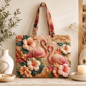 Puede incluir: Un bolso tote acolchado con un diseño texturizado en tres dimensiones de dos flamencos rosas rodeados de grandes flores de hibisco claras y hojas tropicales verdes. El bolso tiene dos asas de tela a juego y un fondo acolchado de color beige.