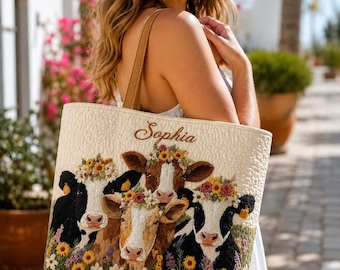 Custom Name Quilted Flower Cow Tote Bag, Personalized Farm Animal Handbag, Highland Cow Lover Gift, Floral Patchwork Bag, Quilted Tote Bag