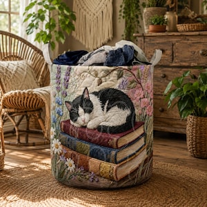May include: A cylindrical fabric laundry hamper featuring a quilted design with a black and white cat sleeping on a stack of three books, surrounded by embroidered lavender and daisy flowers, with two side handles and filled with folded clothing.