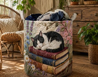 Cat Lover Quilted Laundry Basket, Black Orange Cat Floral Hamper, Cottagecore Cat Laundry Bin, Pet Fabric Storage Basket