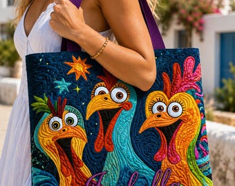 Custom Chicken Quilted Tote Bag, Personalized Funny Rooster Handbag, Colorful Farm Animal Tote Gift for Chicken Lovers