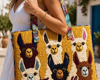 Custom Llama Quilted Tote Bag, Personalized Cute Alpaca Handbag, Colorful Farm Animal Tote Gift for Llama Lover Women