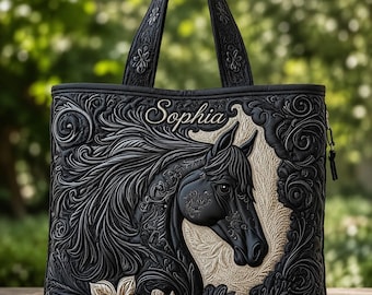 Custom Mystic Black Horse Quilted Tote Bag, Personalized Horse Handbag, Black Horse Tote Gift for Horse Lover Women, Horse Lover Gift