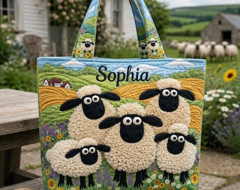 Custom Sheep Serenity Quilted Tote Bag, Personalized Floral Farmhouse Lamb Handbag, Cute Sheep Lover Tote Gift for Women