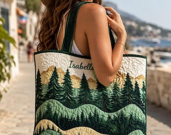 Custom Forest Vibe Quilted Tote Bag, Personalized Forest Handbag, Forest Women Totes, Forest Bag, Forest Lovers Gift, Gift For Mom