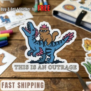 May include: A sticker featuring a blue dinosaur with pink accents, carrying a brown cat wearing sunglasses and a crown. The sticker has the text "THIS IS AN OUTRAGE".