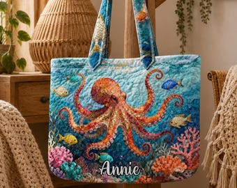 Custom Name Octopus Quilted Tote Bag, Personalized Octopus Beach Handbag, Ocean Octopus Lover Bag Gift, Octopus Lover Gift
