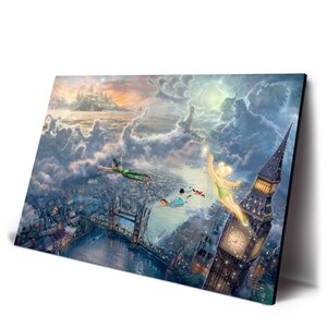 May include: A framed artwork depicts Peter Pan, Tinkerbell, and the Darling children flying over London. The artwork features the Tower Bridge and Big Ben, with a fantasy castle in the distance. The color palette includes blues, greens, and golds.