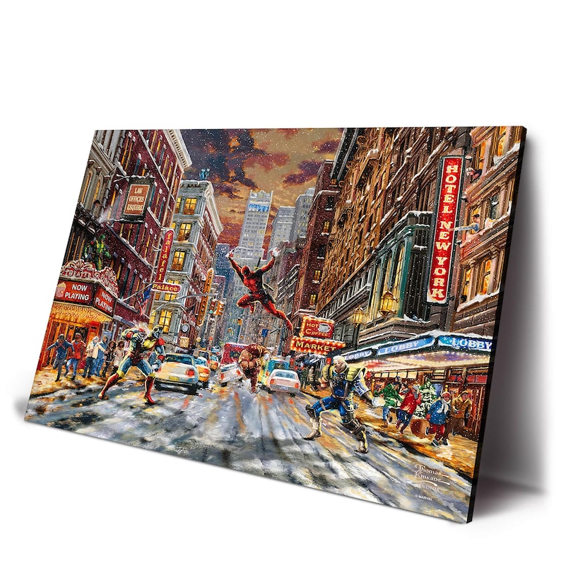 May include: A cityscape painting featuring Spider-Man and other superheroes in action on a snowy street in New York City. The artwork includes the text "HOTEL NEW YORK" and "NOW PLAYING" on building signs, with cars and pedestrians.