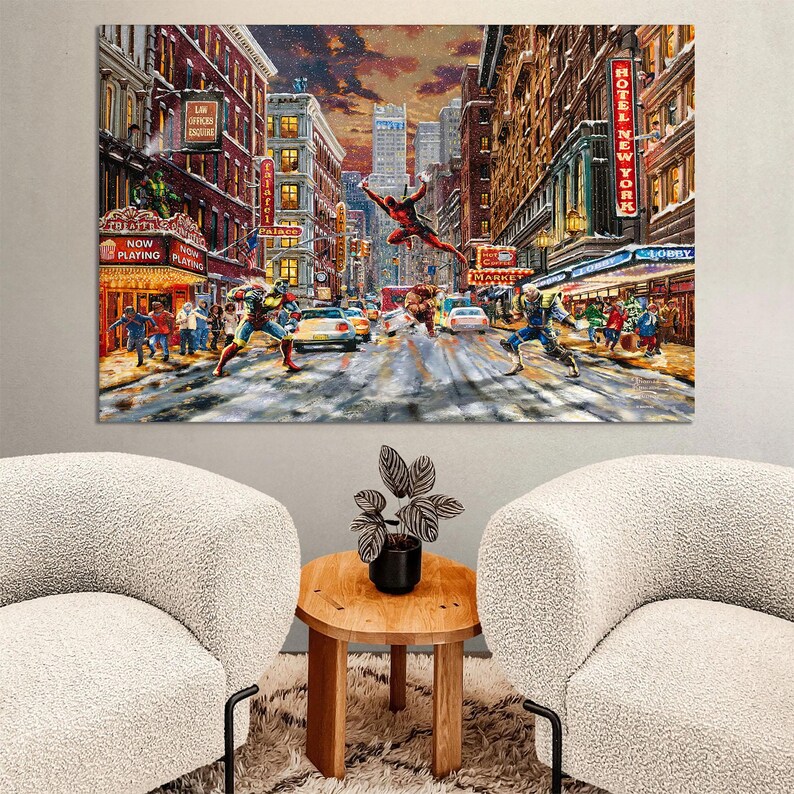 May include: A canvas print depicting a dynamic street scene in New York City, featuring superheroes in action. The artwork showcases buildings with illuminated signs, cars, and pedestrians. The sky is a blend of orange and purple hues.