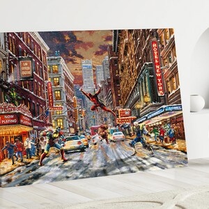 May include: A canvas print depicting a dynamic street scene with superheroes in action. The artwork showcases a cityscape with buildings, cars, and people. The superheroes are in the foreground, with one mid-air. The color palette includes reds, blues, and yellows.