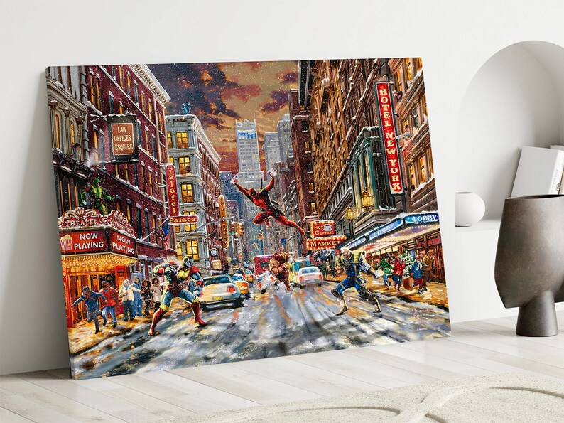 May include: A canvas print depicting a dynamic street scene with superheroes in action. The artwork showcases a cityscape with buildings, cars, and people. The superheroes are in the foreground, with one mid-air. The color palette includes reds, blues, and yellows.