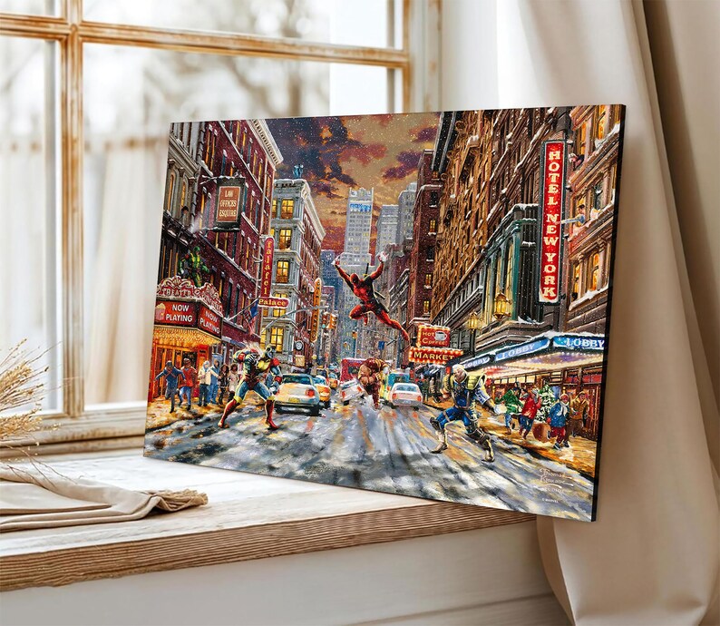May include: A canvas print depicting a vibrant cityscape scene with superheroes in action. The artwork showcases a bustling street with cars, buildings, and neon signs, including "Hotel New York." A superhero in a red suit is mid-air, while others engage in combat.