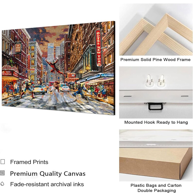 May include: Framed print of a city street scene with figures in action. The artwork features a vibrant color palette and is stretched on a premium quality canvas. The print is ready to hang and comes with fade-resistant archival inks.