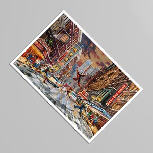 May include: Comic book art print depicting a cityscape with superheroes in action. The artwork features a dynamic composition with vibrant colors, showcasing buildings, cars, and characters in motion. The print includes the text "NOW PLAYING" and "HOTEL NEW YORK".
