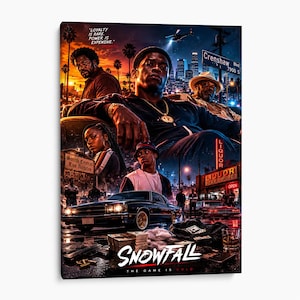 May include: A rectangular wall art print featuring the Snowfall television series poster. The artwork displays multiple characters, a classic car, stacks of cash, and a liquor store at night. Text includes "Loyalty is rare. Power is expensive." and "Snowfall: The game is cold."