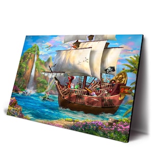 May include: A vibrant illustration of a pirate ship sailing on turquoise waters, with white sails billowing in the wind. The ship is red and brown, with a skull and crossbones flag. Lush green islands and a waterfall are in the background.