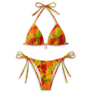Orange Hibiscus Flower Bikini Set, String Bikini Swimsuit