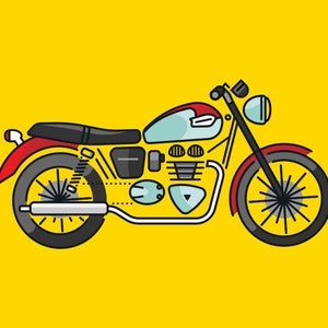 May include: Illustration of a motorcycle with a red, light blue, and black color scheme. The motorcycle has a black seat, red fenders, and a light blue fuel tank. The background is a solid yellow.