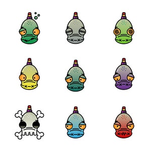 May include: Nine cartoon illustrations of bottle-shaped characters with expressive faces. Each character has a different color scheme, including green, gray, yellow, blue, and purple. Some have stitched mouths and others have swirls for eyes. A skull and crossbones design is also included.
