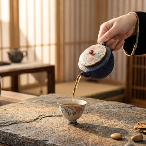 Puede incluir: Una tetera de cerámica azul oscuro texturizada con una tapa de motivos florales y un pequeño pomo rojo, vertiendo té ámbar en una pequeña taza de cerámica a juego decorada con flores rosas y hojas verdes sobre una base clara.