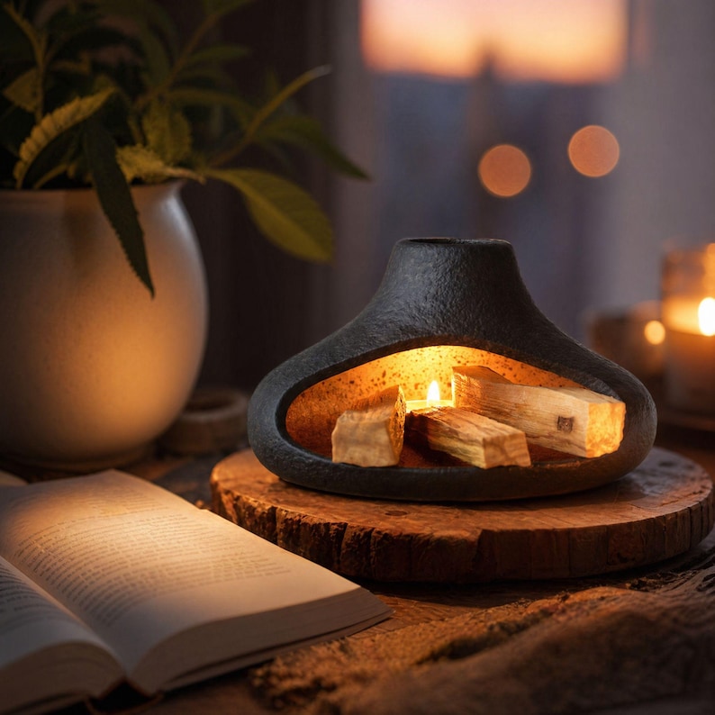 May include: A black ceramic fireplace-shaped candle holder with a warm glow from the burning candle and wood inside. The candle holder sits on a wooden slice, with an open book and a vase of greenery in the background.
