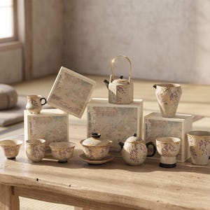 May include: A ceramic tea set featuring a hexagonal teapot with a gold handle, a lidded gaiwan, a pitcher, and multiple cups. Each piece is decorated with a purple wisteria floral pattern and gold accents, displayed alongside square gift boxes.