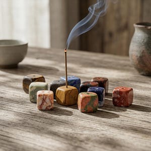 Puede incluir: Una colecci&oacute;n de porta inciensos en forma de cubo, en varios colores y patrones, incluyendo m&aacute;rmol y madera. Un palito de incienso est&aacute; encendido, con humo ascendente. Los soportes est&aacute;n dispuestos sobre una superficie de madera, con un cuenco y un jarr&oacute;n de cer&aacute;mica en el fondo.