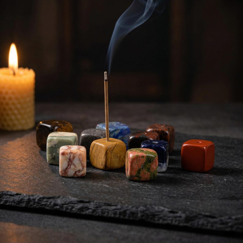 Puede incluir: Una disposici&oacute;n de piedras preciosas coloridas en forma de cubo y una varilla de incienso encendida, con humo ascendente. Una vela encendida est&aacute; en el fondo. Las piedras preciosas son de varios colores.