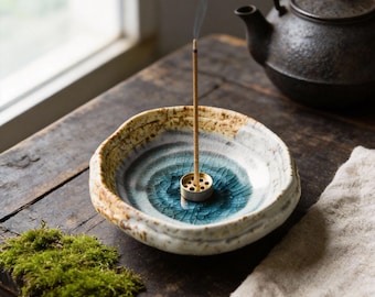 Ceramic Incense Bowl, 9 Hole Brass Holder, Wabi Sabi Ash Catcher, Zen Altar Decor